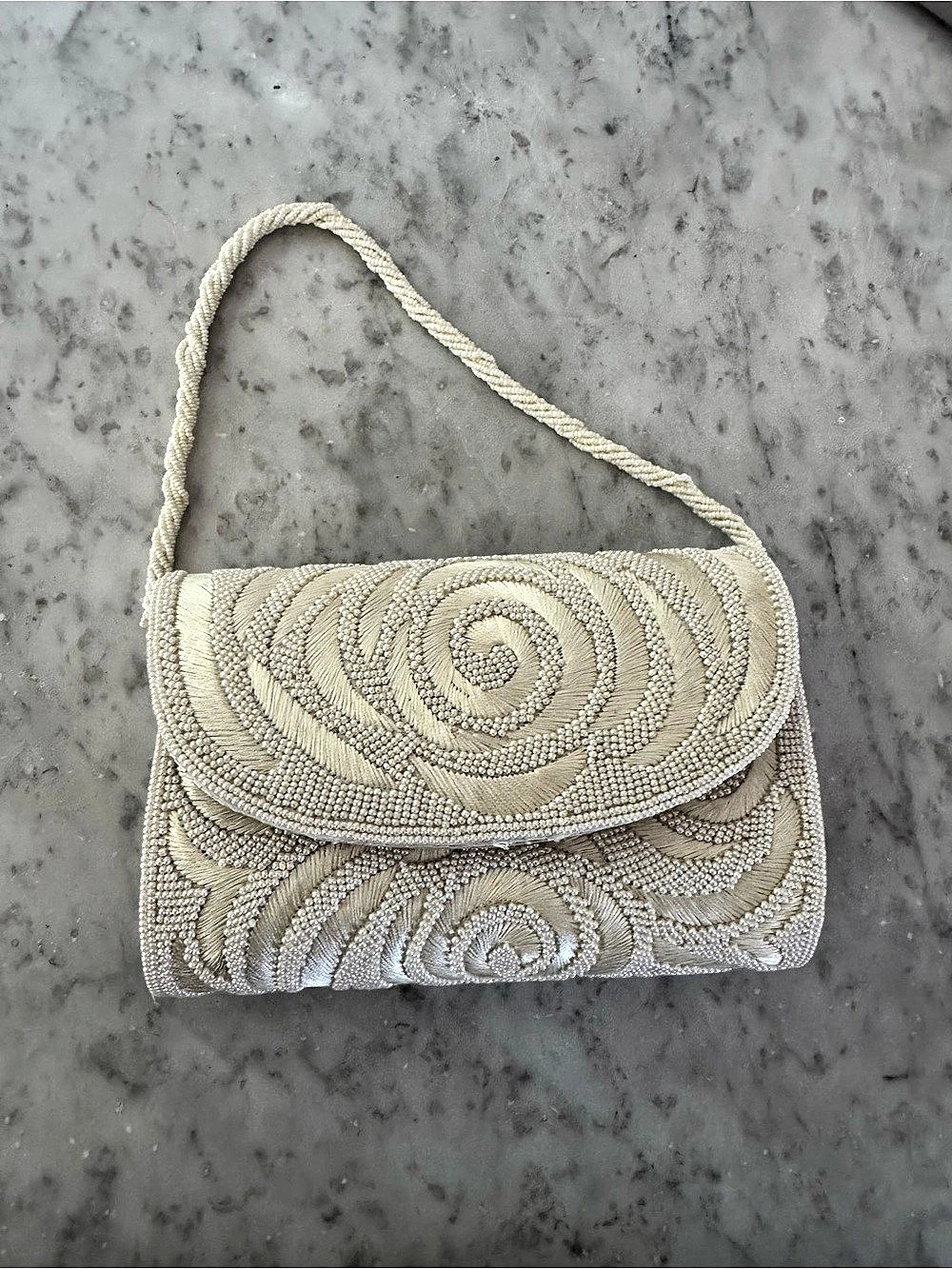 Cream Beaded Shoulder Clutch in Cream